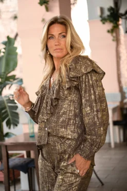 Blouse Ruffle Sparkle Taupe Gold