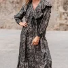 Long Dress Ruffle Sparkle Black Gold