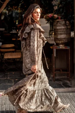 Long Dress Ruffle Sparkle Taupe Gold