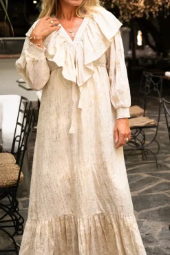 Long Dress Ruffle Sparkle Ecru Gold