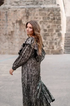 Long Dress Ruffle Sparkle Black Gold