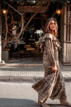 Long Dress Ruffle Sparkle Taupe Gold