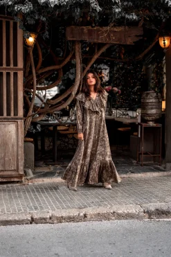 Long Dress Ruffle Sparkle Taupe Gold
