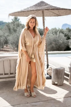 Long Kimono Fringe Sand/ Ecru Gold
