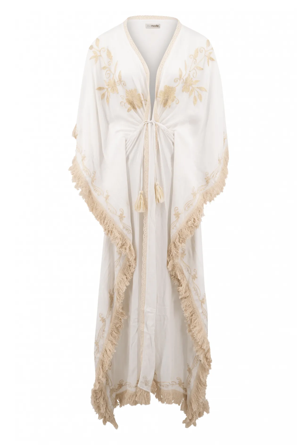 Long Kimono Fringe White/ Ecru Gold