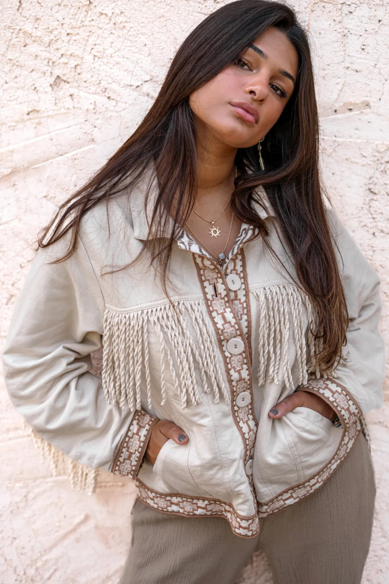 Short Fringe Jacket Nomad Combi Light Sand