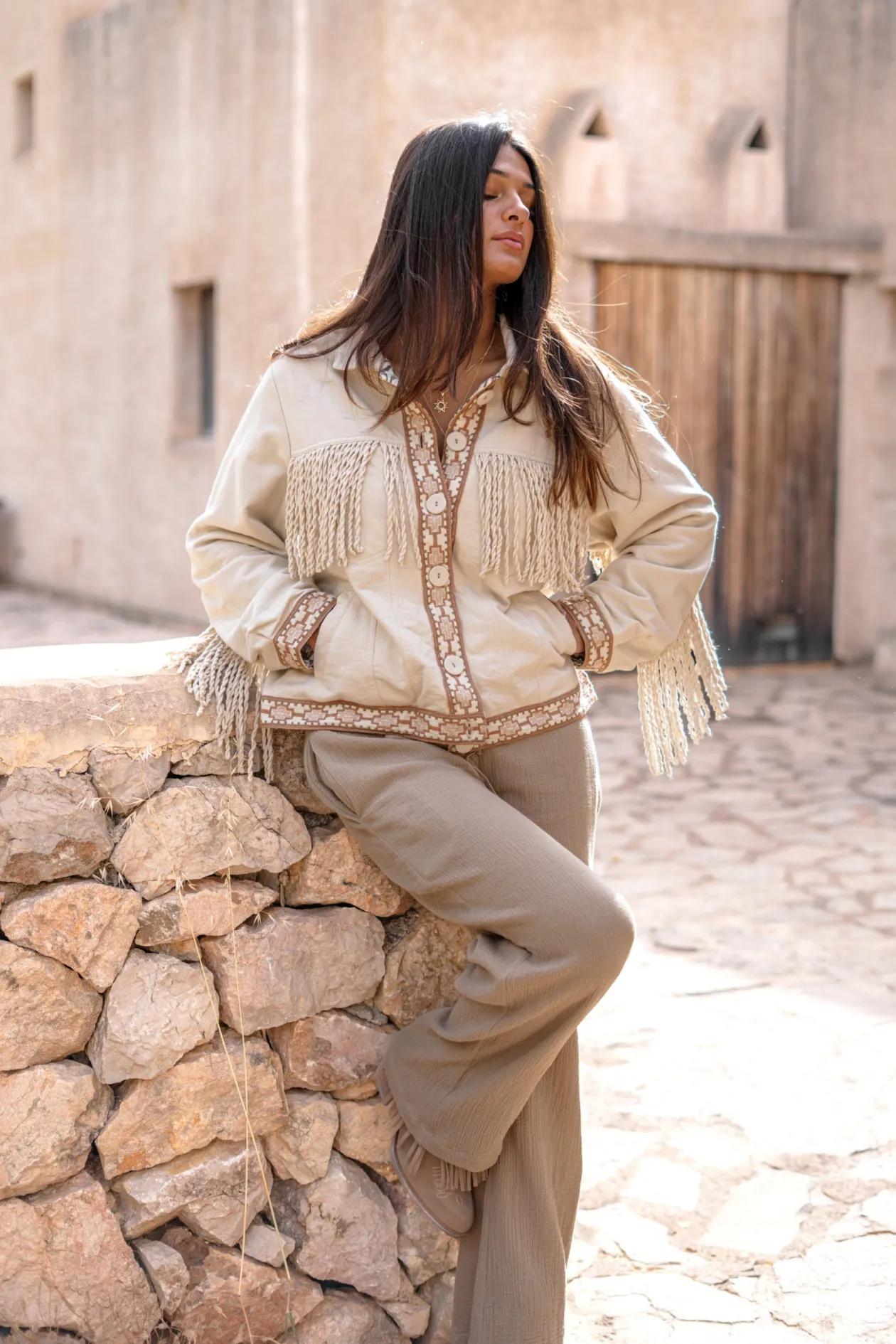 Short Fringe Jacket Nomad Combi Light Sand