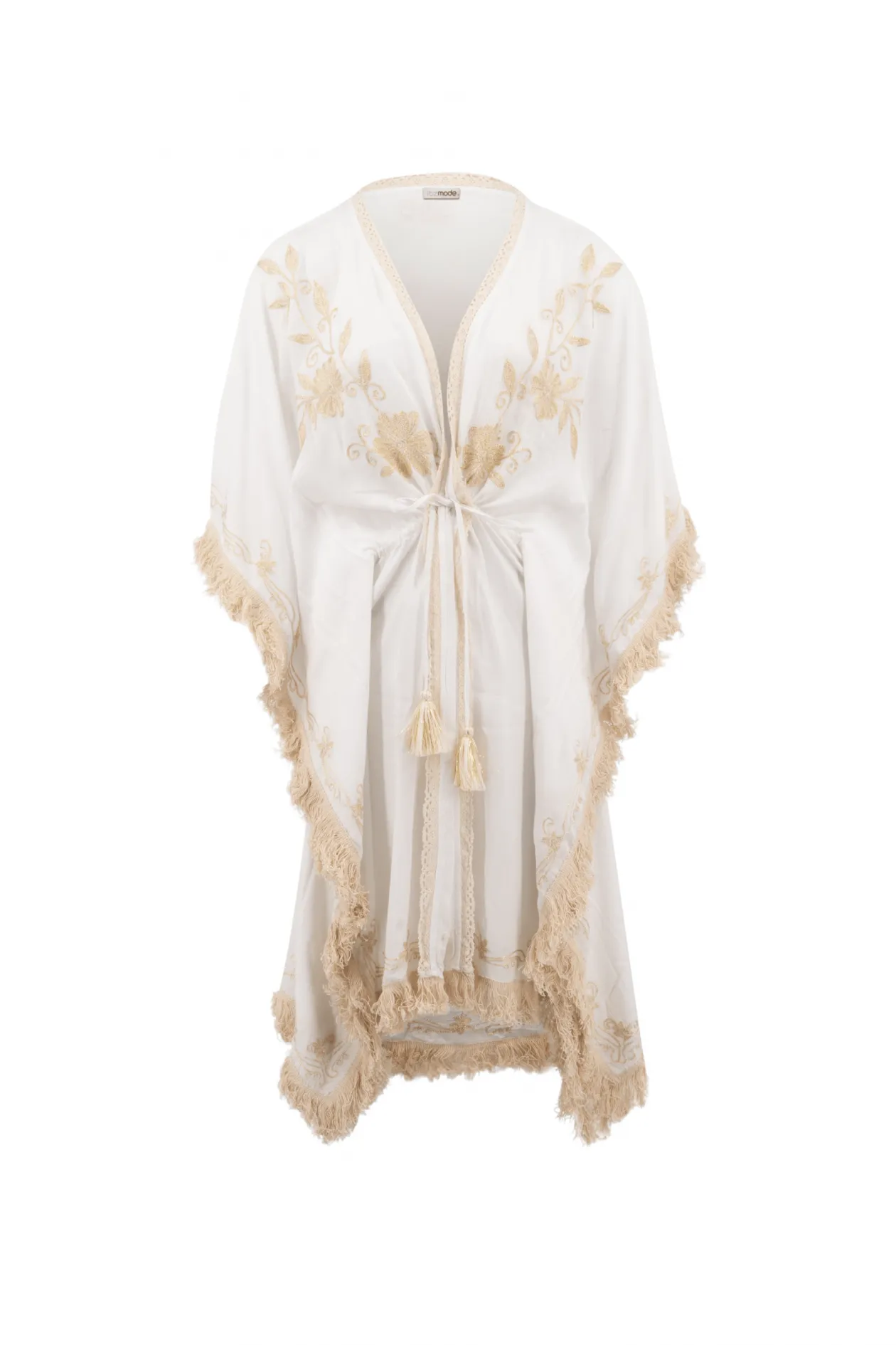 Short Kimono Fringe White/ Ecru Gold